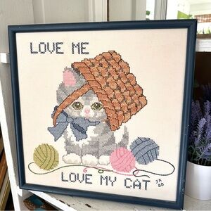 Vtg Love Me, Love My Cat Handmade Framed Cross Stitch Embroidery Art Wall Hang